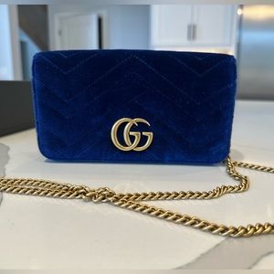 Authentic Gucci Marmont Cross Body Bag. Small/Royal Blue velvet. Like new !